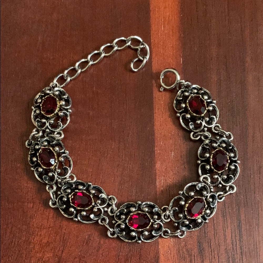 Vintage silver tone and gold tone red stone bracelet
